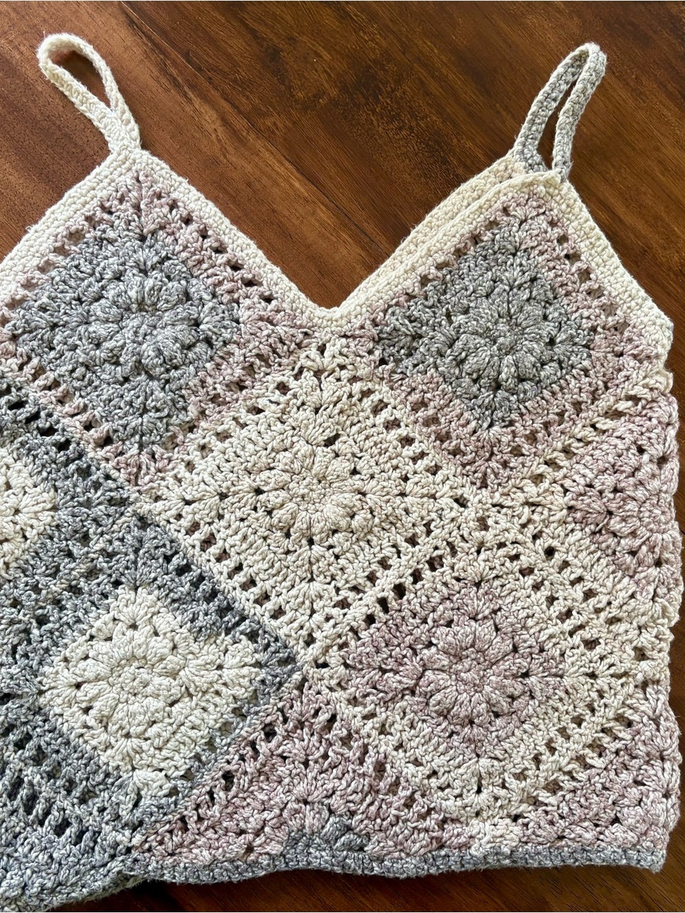 Hand Crafted Crochet Square-Panel Tank in Cream, Gray & Dusty Pink